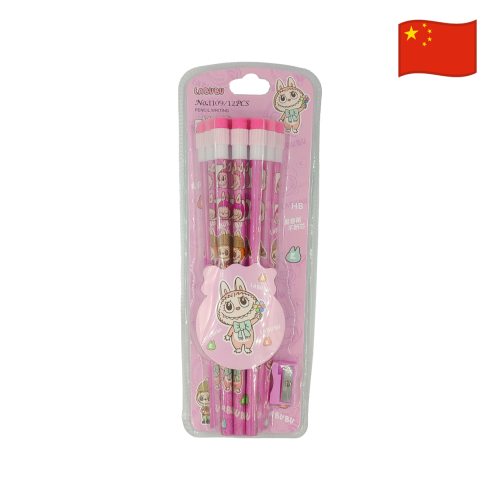 Set de lapiz con goma y tajador Labubu 1109-Rosado