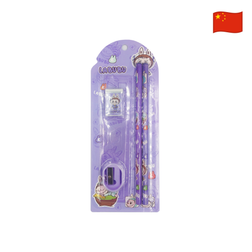 Set de 2 lapices regla goma y tajador Labubu 888-L